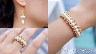 Pearl jewelry set How to make beaded jewelry Earrings bracelet and ring Beading tutorial [upl. by Erdeid503]