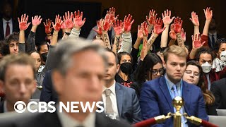 Watch Protesters calling for ceasefire in Gaza disrupt Senate hearing over Israel aid [upl. by Ecad]