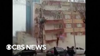 Video shows building collapse in Turkey as earthquake strikes [upl. by Tennes]