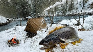 Hot Tent Camping in deep Winter amp Catch and Cook [upl. by Oirram]