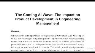 The Coming AI Wave The Impact on Product Development in Engineering Management [upl. by Anwahsad]