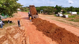 Wonderful action truck unloading soils and stretching by skillful grader and roller nice teamwork [upl. by Oretos38]