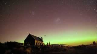 Aurora Australis and the Church of the Good Shepherd Tekapo New Zealand  15 July 2012 [upl. by Aicinad973]