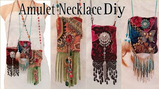 How To Make Fabric Pouch Necklaces  Amulet Boho Bag Upcycled [upl. by Siraf418]