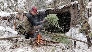 SOLO BUSHCRAFT CAMP 4 Items Only Natural Shelter Wild Game Over the Fire [upl. by Ariela246]