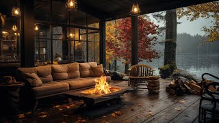 Autumn Cozy Lake House Porch in Rainy Morning with Bonfire and Fall Ambience For Sleep [upl. by Tarsuss]