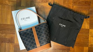 Celine Small Bucket in Triomphe Canvas and Calfskin in Tan colour  Unboxing amp What fits [upl. by Anirtap789]