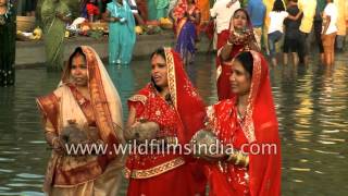 Indian women offer prayers to God Sun  Chhath celebrations in India [upl. by Nosnevets]