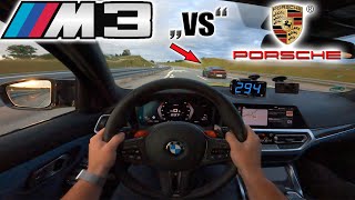 Crazy 2021 M3 Competition meets Porsche 992 and Macan Turbo on German Autobahn✔ [upl. by Nytsud]