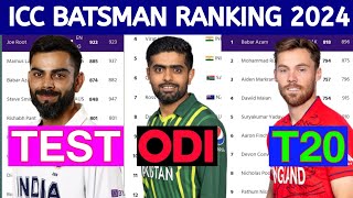 ICC Ranking 2024 Top 10 ODI Batsman Top 10 Test T20I Batsman  Cricket [upl. by Norrabal]