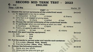 6th std english second mid term test question paper 2023 [upl. by Breskin]