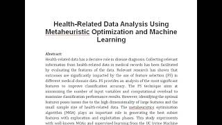 Health Related Data Analysis Using Metaheuristic Optimization and Machine Learning [upl. by Lohcin]