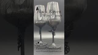 Black raven wine glasses hand painted set of 2 raven raven ravenglass ravenglasses ravenwine [upl. by Hulton406]