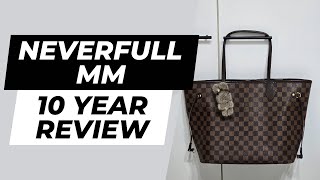 Louis Vuitton Neverfull MM in Damier Ebene  10 Year Review Wear and Tear Durability etc [upl. by Rebmeced550]