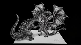 Godzilla vs King Ghidorah  3D Drawing [upl. by Nanni498]