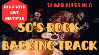 50S ROCK BACKING TRACK  LIVE DRUMMER VIDEO  Chuck Berry Style  Key of G  RockabillyBluesSurf [upl. by Prince]