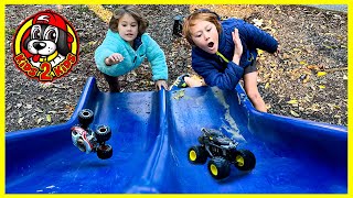 MONSTER TRUCKS PLAY AT THE PARK 🛝 Wonder Woman amp Batman Rescue Monster Jam Minis from Darth Vader [upl. by Terrye]