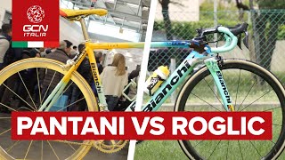 Il confronto tra la Bianchi 1998 di Pantani e quella del 2019 di Roglic [upl. by Yuu725]