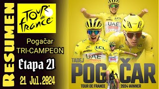 TADEJ POGAČAR Tricampeón del Tour de France 2024 Vingegar y Evenepoel Al podio Resumen [upl. by Herb987]