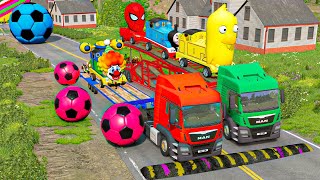 Double Flatbed Trailer Truck vs Speedbumps  Train vs Cars  Tractor vs Train  BeamNGDrive [upl. by Keldon]