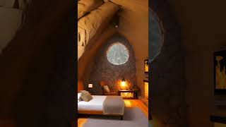 Cozy Cave Bedroomsnow storm with roaring fire fireplace EarthyDesign CaveLiving NatureInspired [upl. by Sander]