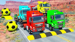 Double Flatbed Trailer Truck vs Speedbumps Train vs Cars  Tractor vs Train BeamngDrive 08 [upl. by Assetniuq]