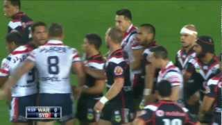 Konrad Hurrell looks for a fight with Sonny Bill Williams  Roosters V Warriors 2013 [upl. by Ahrens]