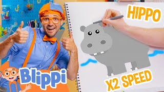 X2 SPEED Blippi Draws A Hippo  Can You Draw As Fast As Blippi  Learn To Draw Animals [upl. by Atrice]