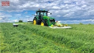 FIRST FIELD of 2020 Hay Mowing with JOHN DEERE 8245R Tractors [upl. by Haswell656]