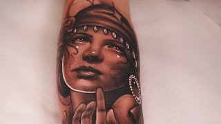 NeoTraditional Lady Face Tattoo in REAL TIME [upl. by Maram]