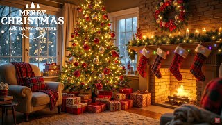 Cozy Christmas Living Room with Tree Fireplace and Snowy Window Views  Holiday Ambiance [upl. by Norm233]