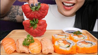 UNEDITED BIG BITE SUSHI  GIANT STRAWBERRY ASMR EATING SOUNDS NO TALKING  SASASMR [upl. by Vescuso]