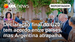 Declaração final do G20 no Brasil tem acordo entre países mas Argentina atrapalha  Raquel Landim [upl. by Ainslee]