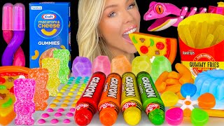 ASMR MUKBANG Rainbow Food Kraft Gummy Mac and Cheese Gummy Fries Pizza Candy Buttons Giveaway 먹방 [upl. by Tamah]