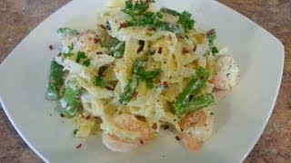 How to make Shrimp and Asparagus Fettuccine Alfredo Pasta recipe [upl. by Trillbee697]