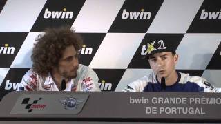 Lorenzo and Simoncelli lock horns after Estoril QP [upl. by Dine]