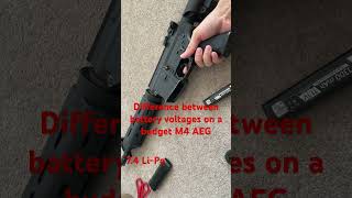 Trying different voltage batteries on budget airsoft AEG M4 84 74 111 lipo [upl. by Harsho]