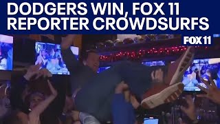 Dodgers World Series watch party gets FOX 11s Matthew Seedorff to crowd surf [upl. by Eenaj]