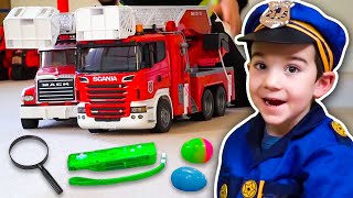 Firefighter amp Police Costume Pretend Play Fire Trucks amp Emergency Vehicles for Kids  JackJackPlays [upl. by Nosnarb]