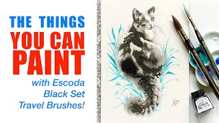 ESCODA WATERCOLOR BRUSHES 🎨 Black Travel Set Brush Review and Painting Inspiration  Examples [upl. by Maddy157]