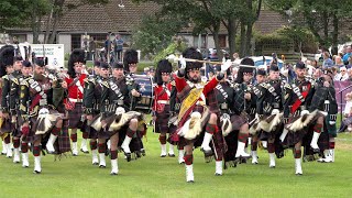 4 Scots Pipes amp Drums amp pipe bands welcome 100 year old Chieftain to 2019 Ballater Highland Games [upl. by Luhe967]