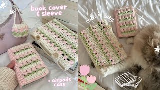 how to crochet tulip sleeve book cover amp airpods case  beginnerfriendly tutorial [upl. by Medovich425]