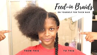 How To Do 2 FeedIn Braids On Yourself For Beginners  Thick Hair Hairstyles Easy [upl. by Oira156]