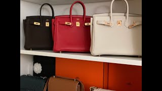 My 2021 Hermes Handbag Collection  Birkin 25 in Color Craie Ebene Geranium  Gold Constance Mini [upl. by Ambrosi]