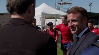 President Macron of France visits players at Marcoussis training base ahead of the Rugby World Cup [upl. by Aisayt]