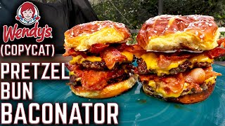 BETTER THAN WENDYS PRETZEL BUN BACONATOR copycat ON THE GRIDDLE SEMI SMASH BURGER STYLE [upl. by Comethuauc49]