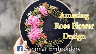 Amazing Rose Flower Ribbon Embroidery Design [upl. by Dimmick970]