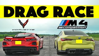 BMW M4 Comp G82 vs Chevy Corvette C8 drag and roll race Shocking Result [upl. by Aihseit]