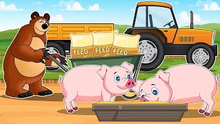 Bear Farmer Transports and Feeds Pigs  Trucks Trailers Cranes  Vehicles Farm Animated [upl. by Ettenej]