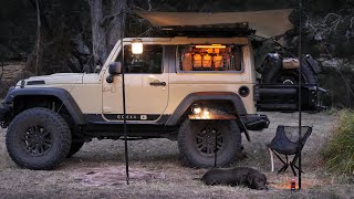 SOLO WINTER Camping  Organised Custom Jeep Cosy setup Relax in tent rain forest ASMR [upl. by Simonette]